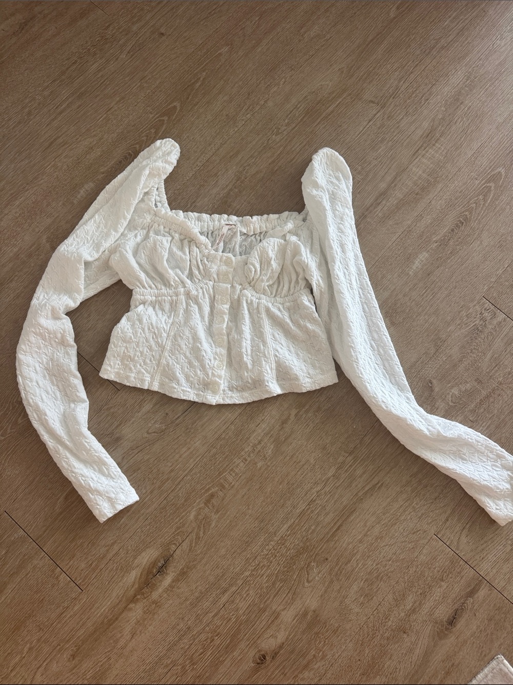 Free People White Textured Square-Neck Puff Sleeve Top